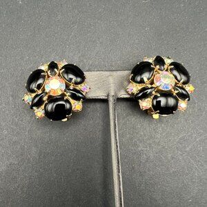 Vintage Clip On Earrings‎ Aurora Borealis AB and Black Stone Gold Tone
